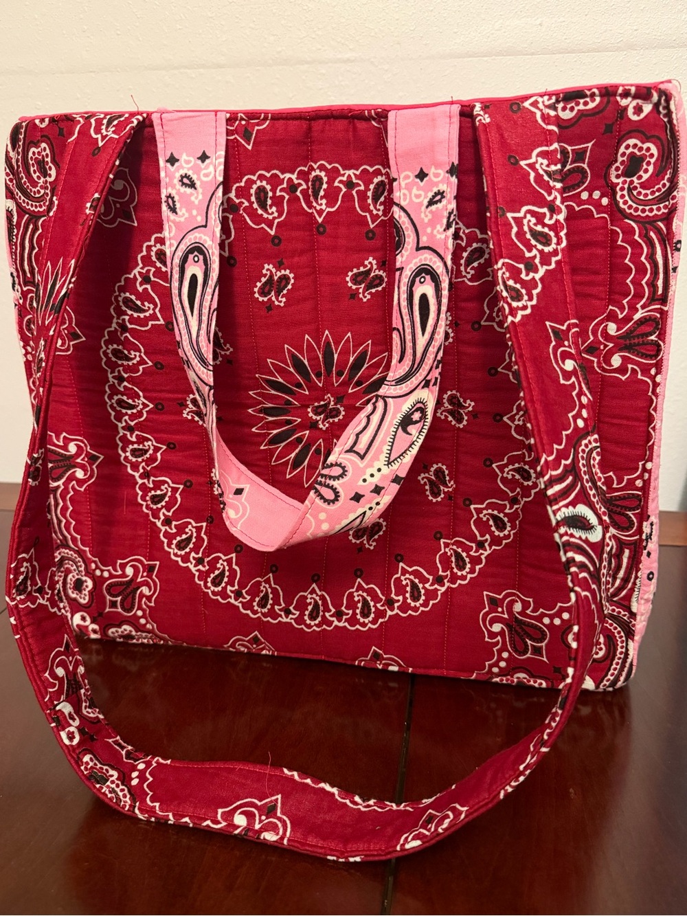 Red Paisley Quilted Tote Bag with Pink Accent Handles - Unbranded